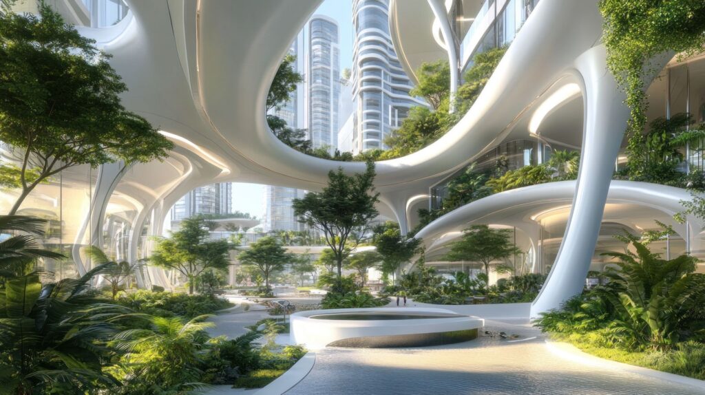 Spazio retail futuristico con architettura fluida e verde integrato per retail longevità